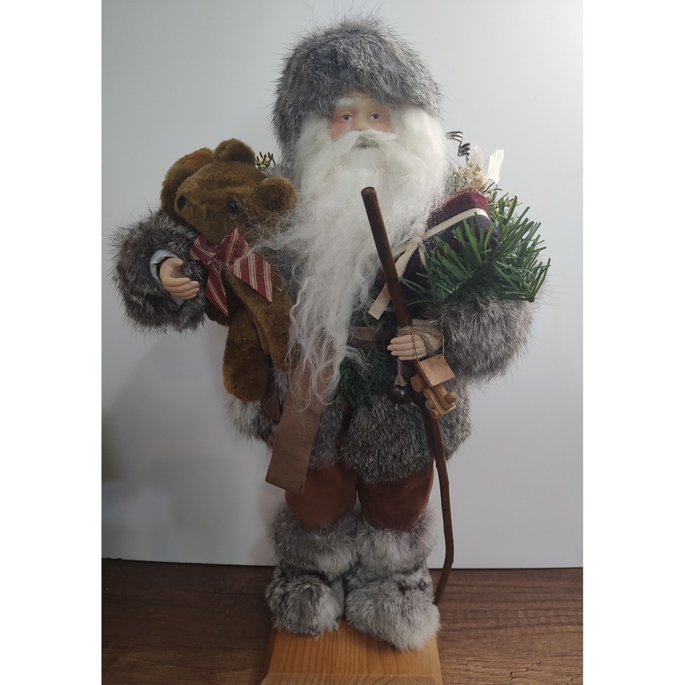 Father Christmas Figurine Wood Base 18" Tall Bear Tree Fur Trim Walking Stick